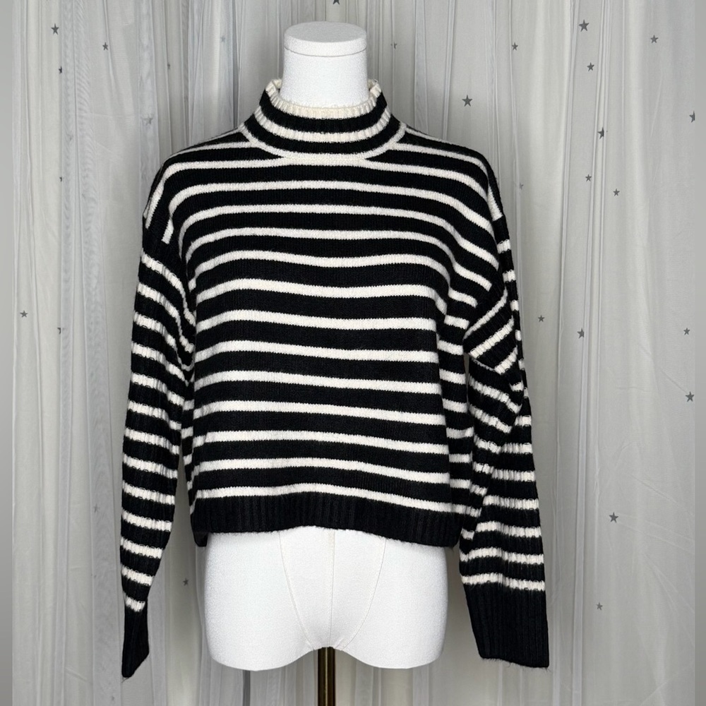 New Lush Black White Striped Turtleneck Sweater Soft Cozy Knit Mock Neck Grunge